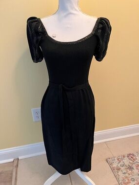 Vintage 80s St. John Black Puff-Sleeve Santana Knit Sweater Dress